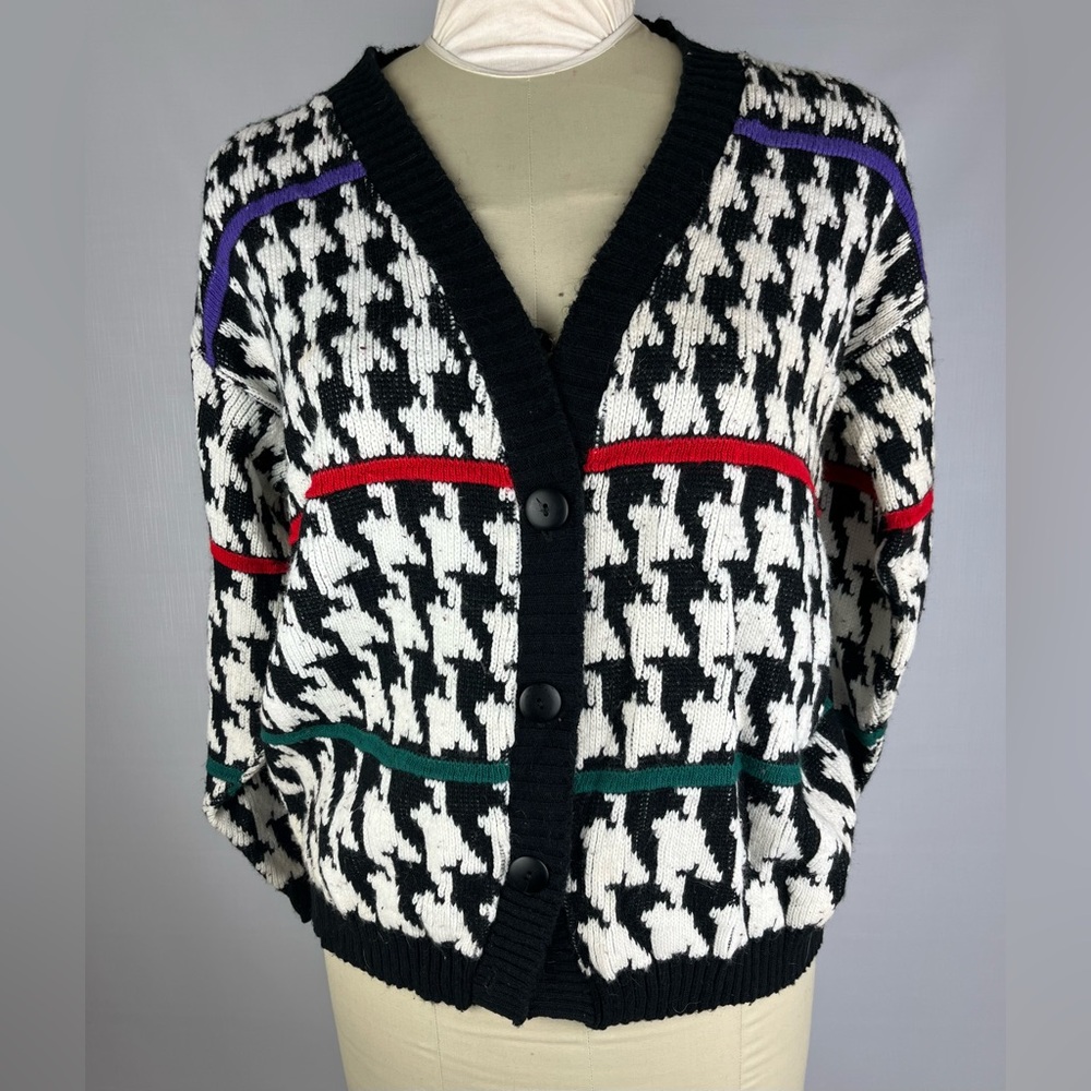 Vintage Women’s M Medium Cabin Creek Sweater, Cardigan Houndstooth Oversized B&W
